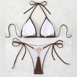SHEIN White and Brown Tassel Triangle Tie Bikini